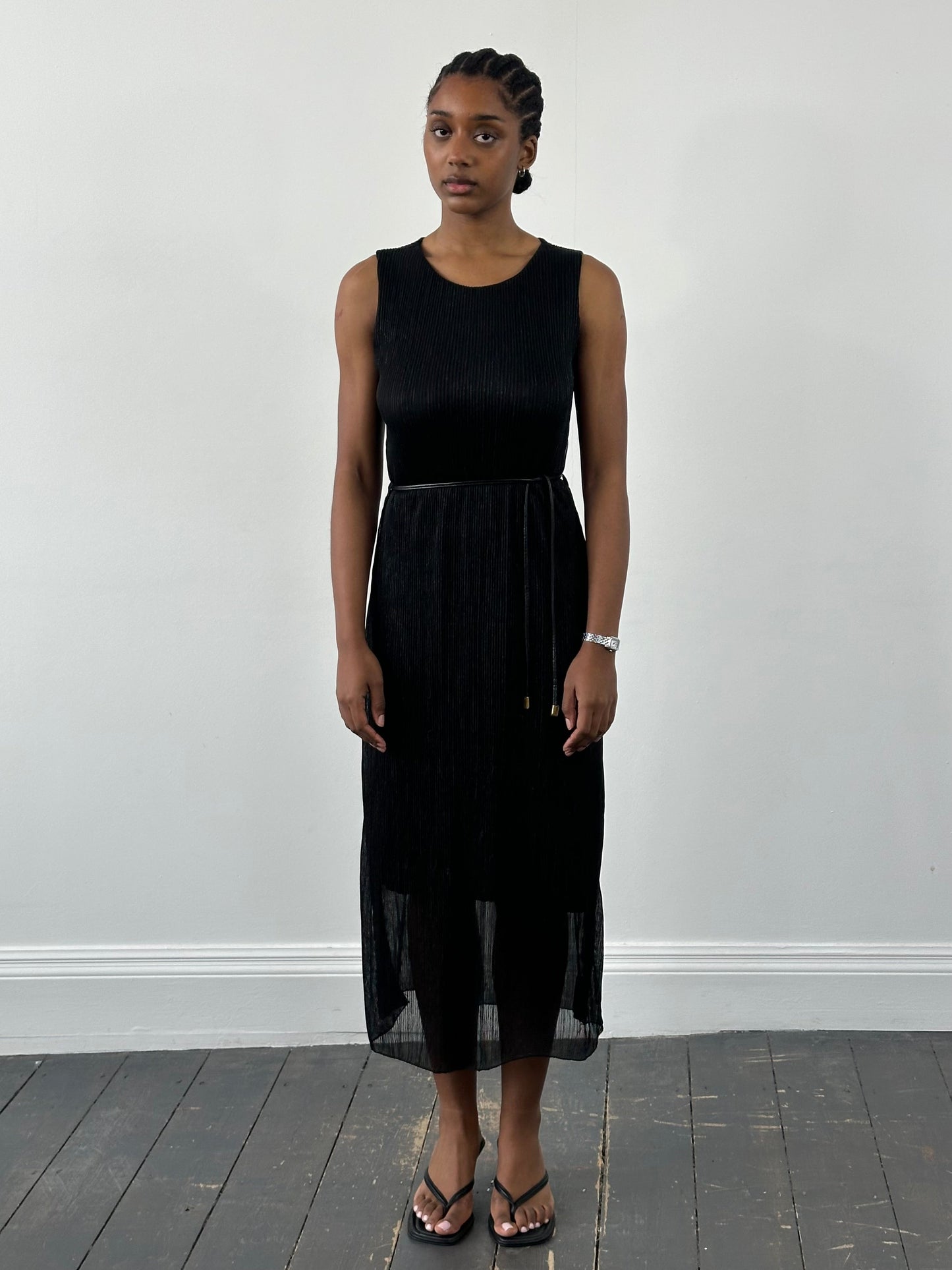 Italian Vintage 1990s Ribbed Metallic Rope Tie Dress - S