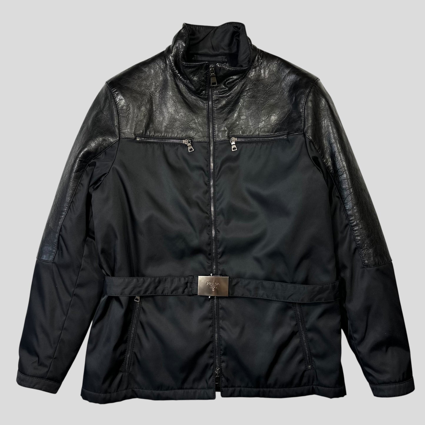 Prada Milano 2011 Gabardine Nylon Leather Jacket + Belt - M | Default Title, Black