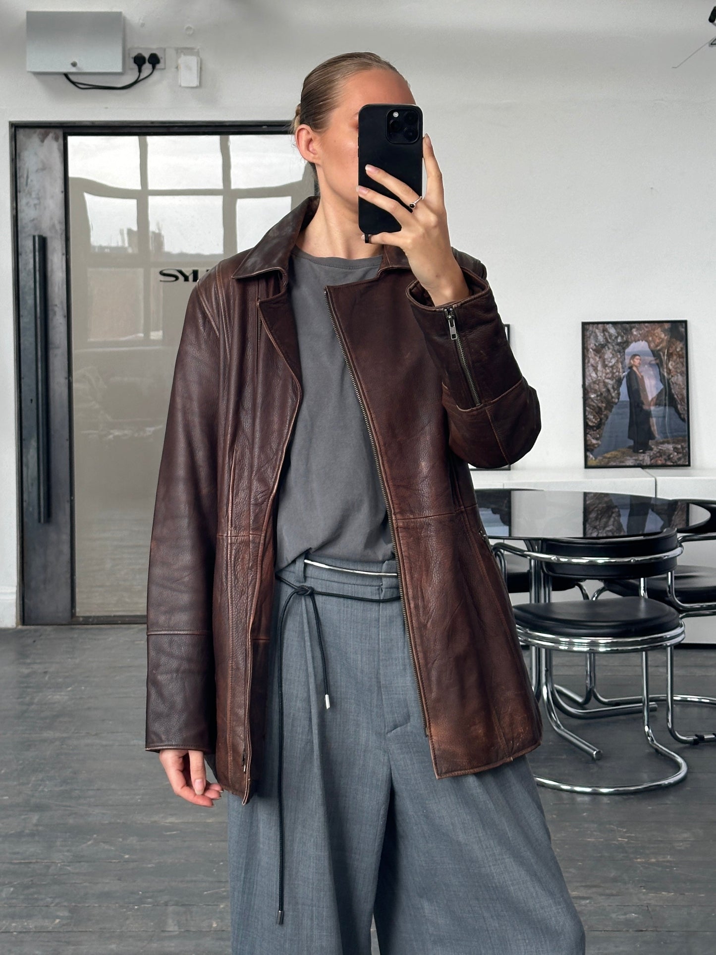 Vintage 1990s Aged Double Zip Belted Leather Jacket - L