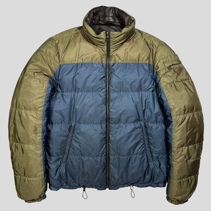 Prada Milano 2012 Leather Reversible Triangle Logo Nylon Puffer Jacket - L