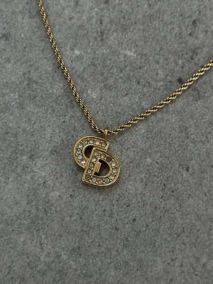 Christian Dior 16” Gold Plated Rhinestone Logo Pendant Necklace