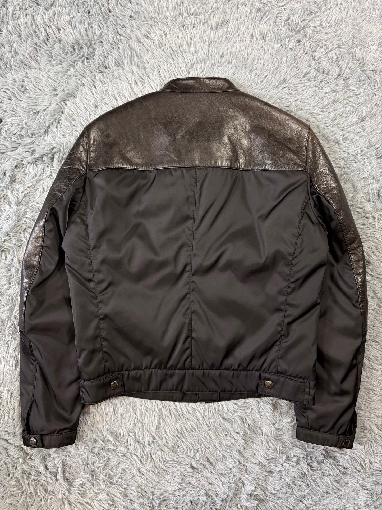 Prada Milano 2011 Gabardine Nylon Leather Hybrid Biker Jacket - S/M | O/S, Black