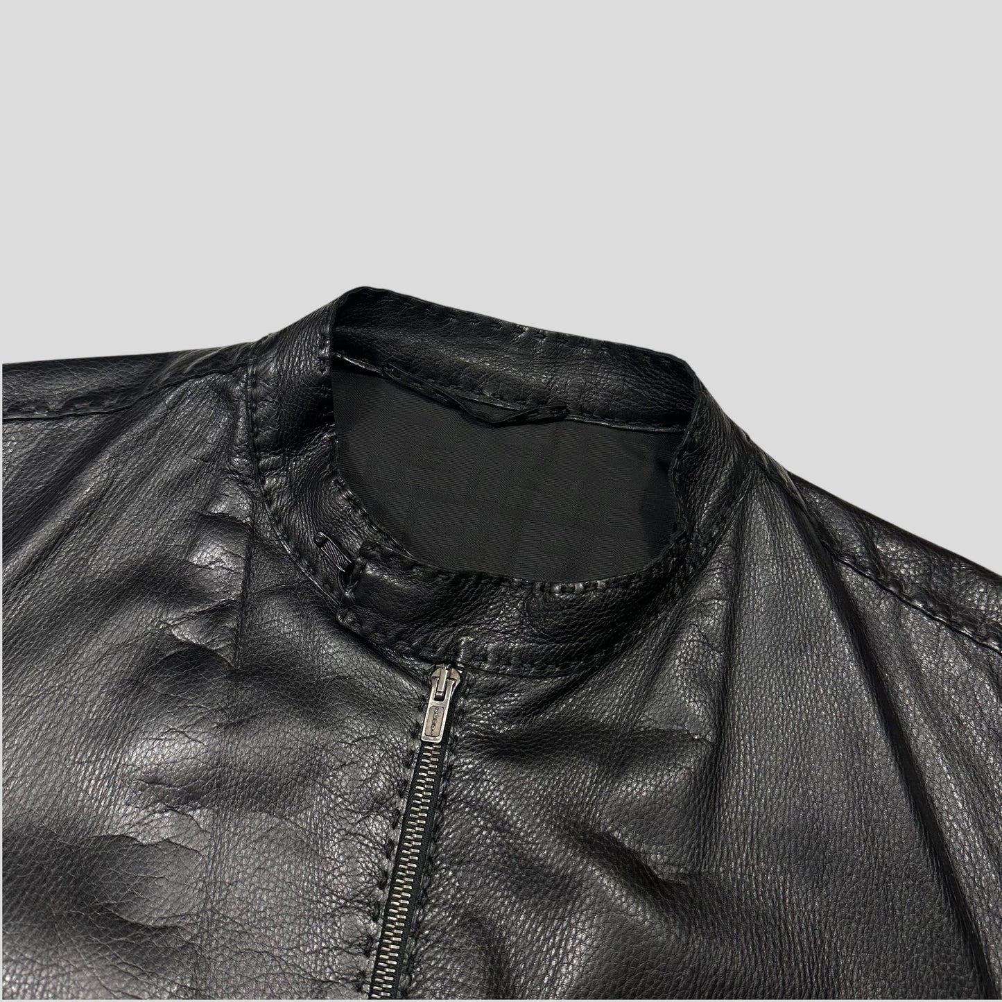 Fendi FF Textured Leather Exaggerated Stitch Moto Jacket - L