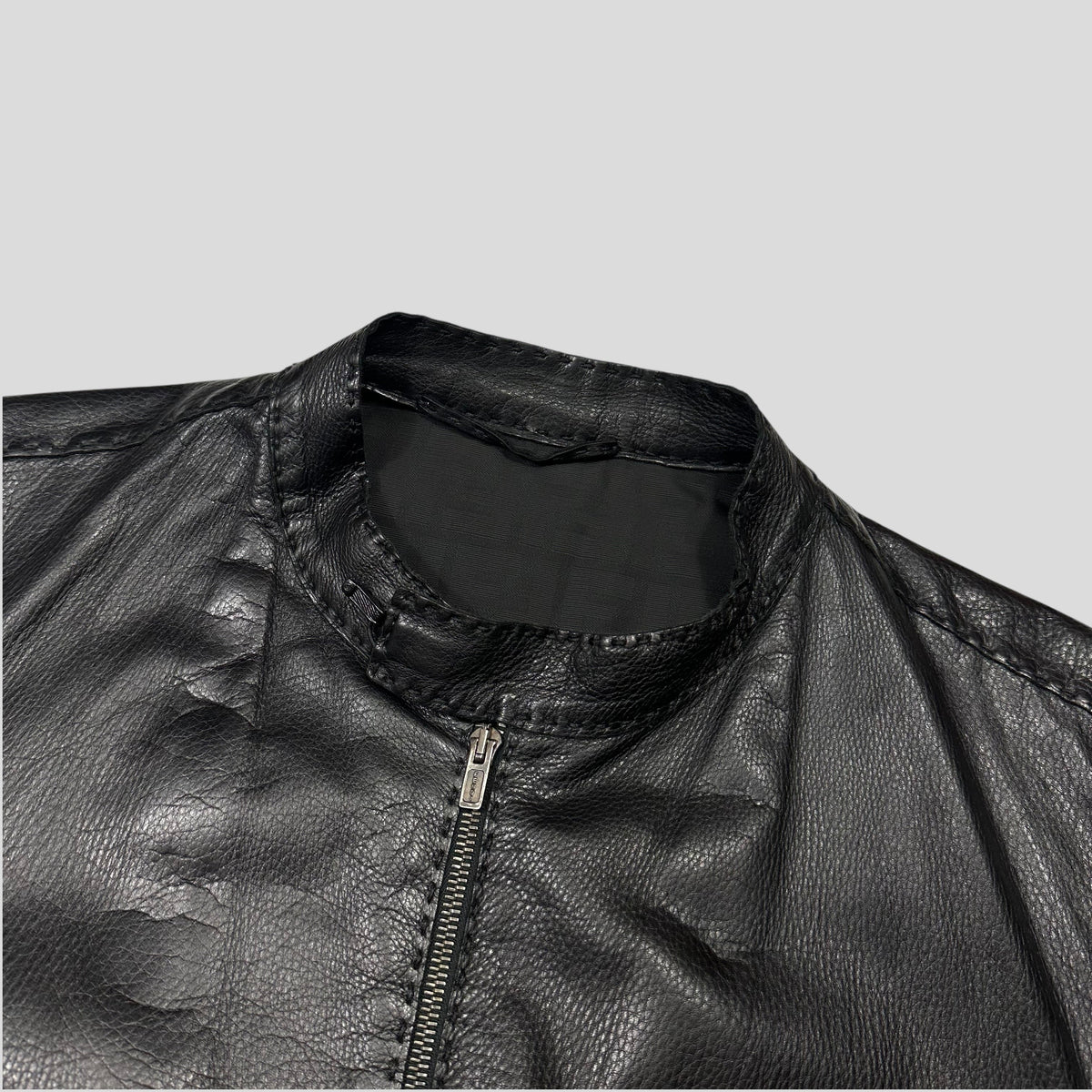 Fendi FF Textured Leather Exaggerated Stitch Moto Jacket - L | Black
