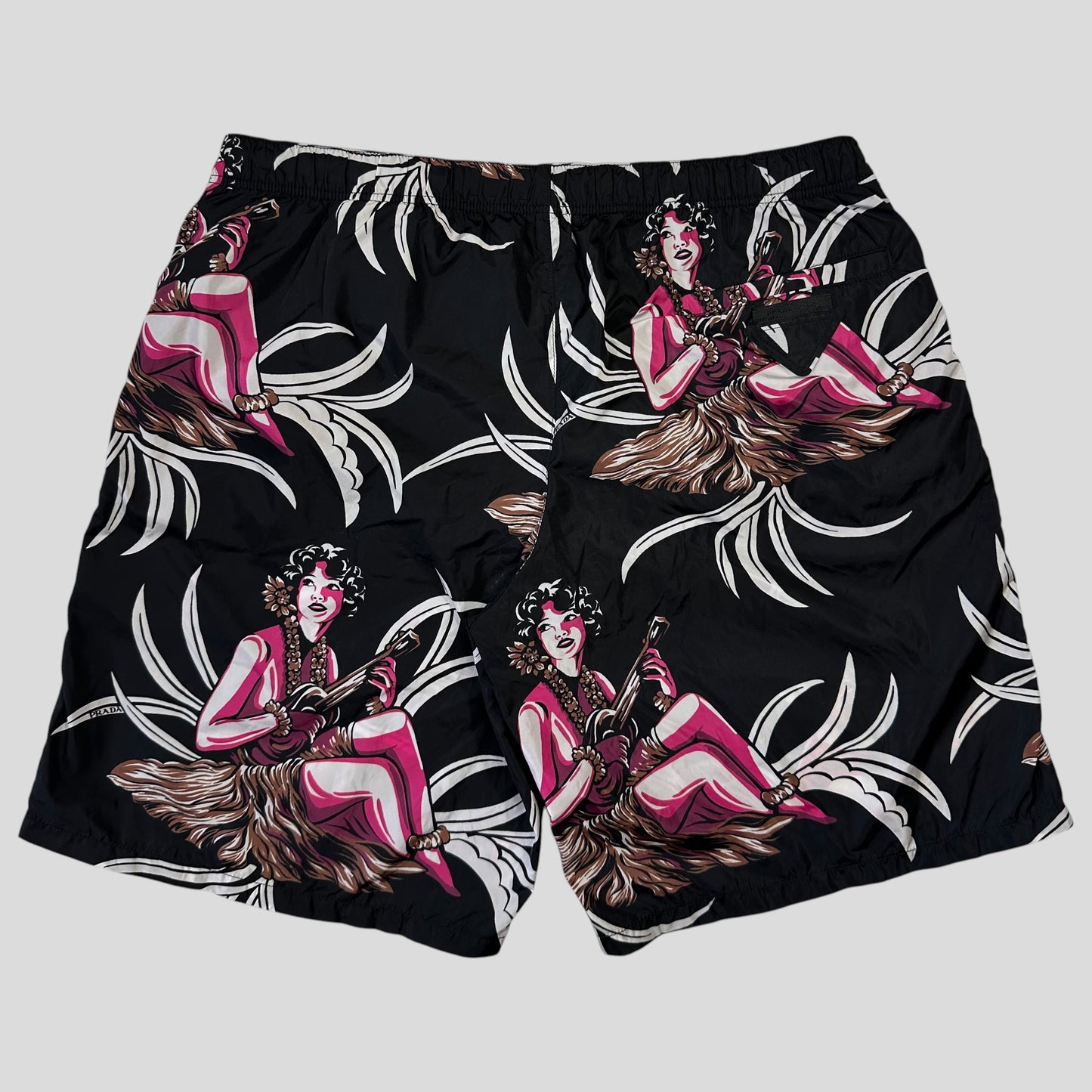 Prada Milano 2018 Hawaii Hula Girl Print Triangle Logo Board Shorts - IT52 | Default Title, Black