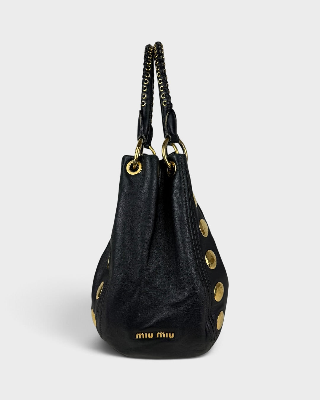 2010s Miu Miu Black Leather Studded Bucket Bag | O/S, Multicoloured