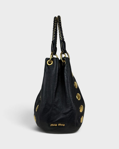 2010s Miu Miu Black Leather Studded Bucket Bag | O/S, Multicoloured