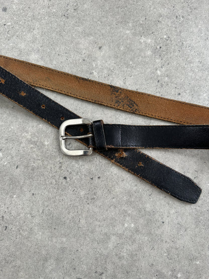 Vintage 1980s chrome distressed leather belt with metal buckle, size W30-38, showcasing rugged retro style.