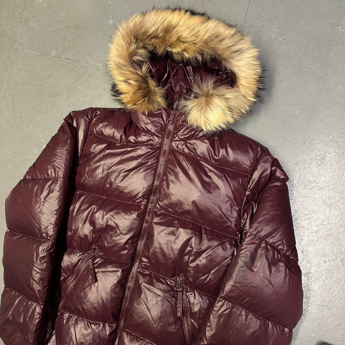 Duvetica Fur Hood Puffer Jacket In Burgundy Red ( M )