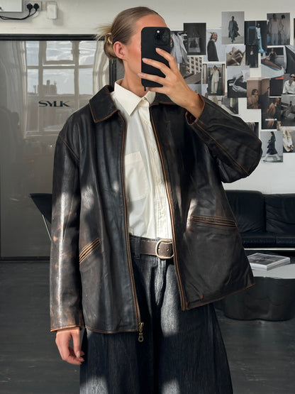 Italian Vintage 1990s Distressed Leather Jacket - L/XL