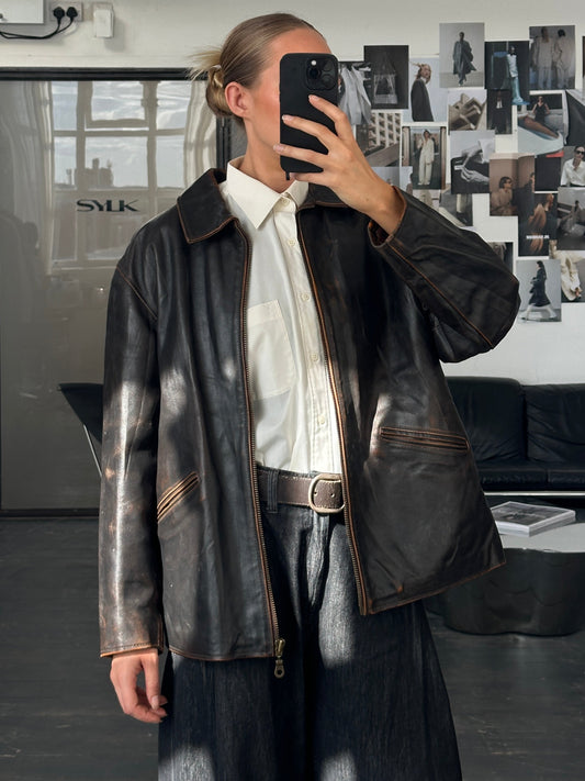Italian Vintage 1990s Distressed Leather Jacket - L/XL