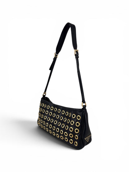 2000s Prada Black Leather Grommet Shoulder Bag | O/S, Black