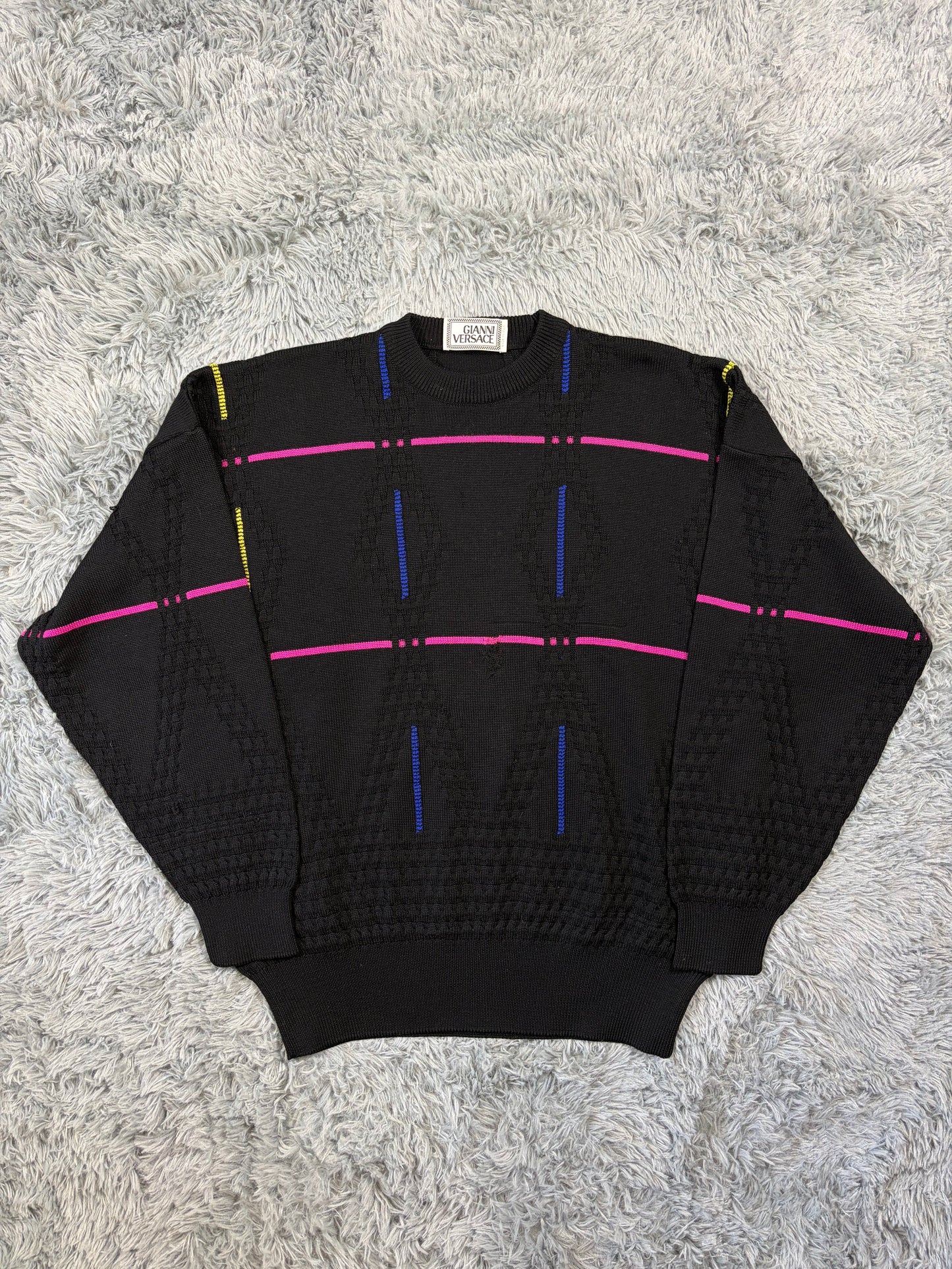 Gianni Versace 1991 Lines & Diamonds Geometric Heavy Knit - M/L | O/S, Multicoloured