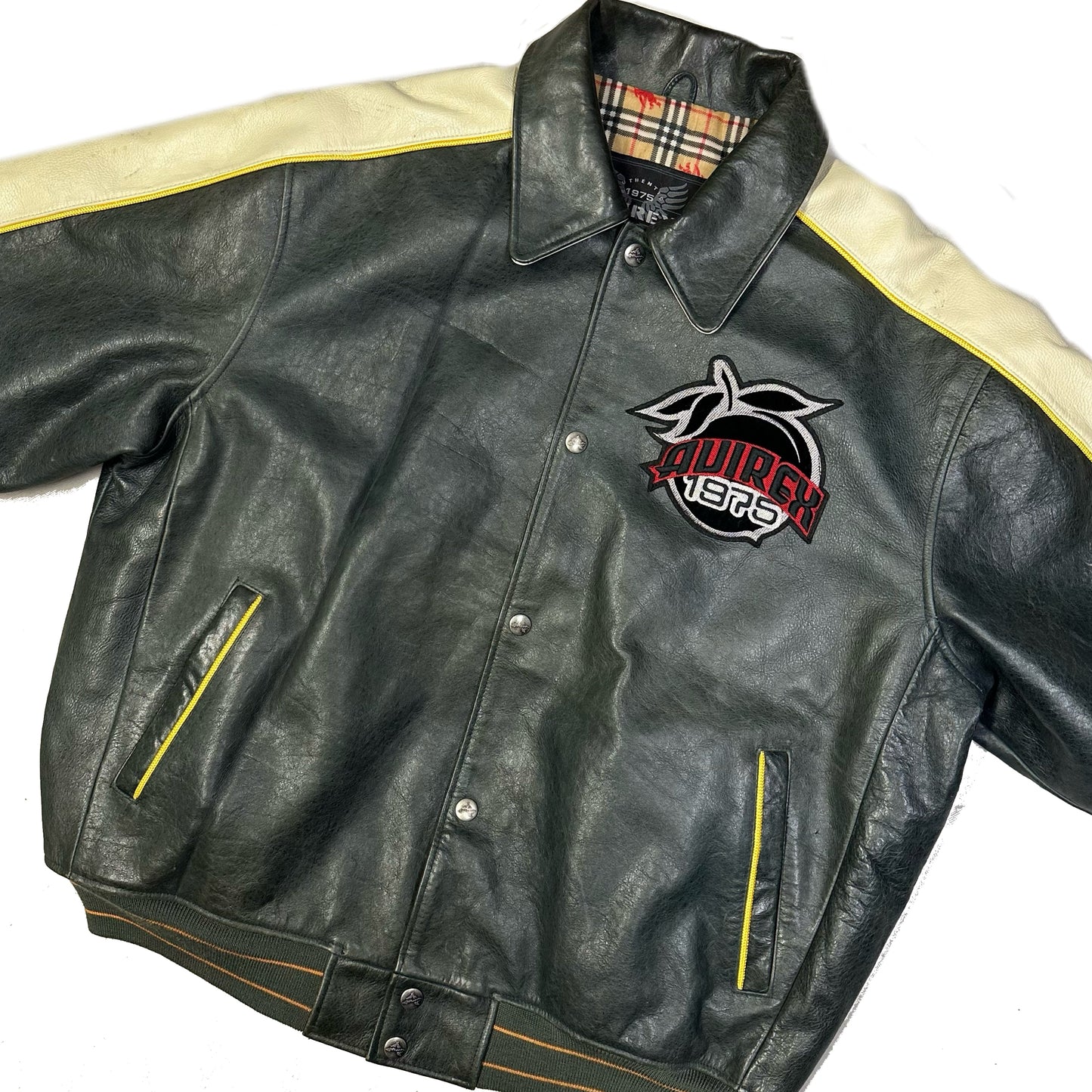 ARCHIVE Avirex Atlanta Leather Jacket In Dark Green & Cream - Bootleg ( XL )