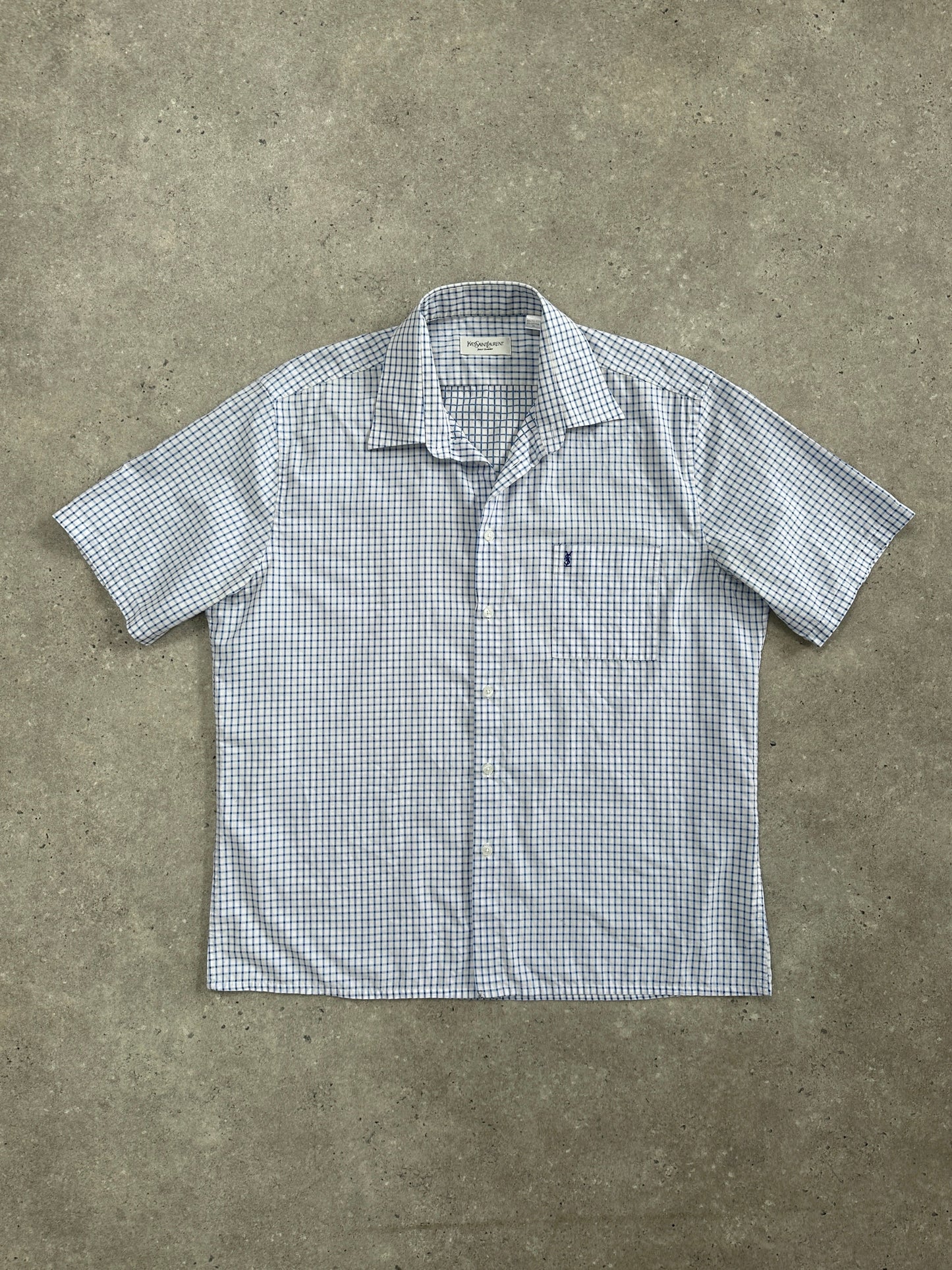 Yves Saint Laurent men's short sleeve logo shirt in cotton check pattern, XL size, 2000s style with classic design.