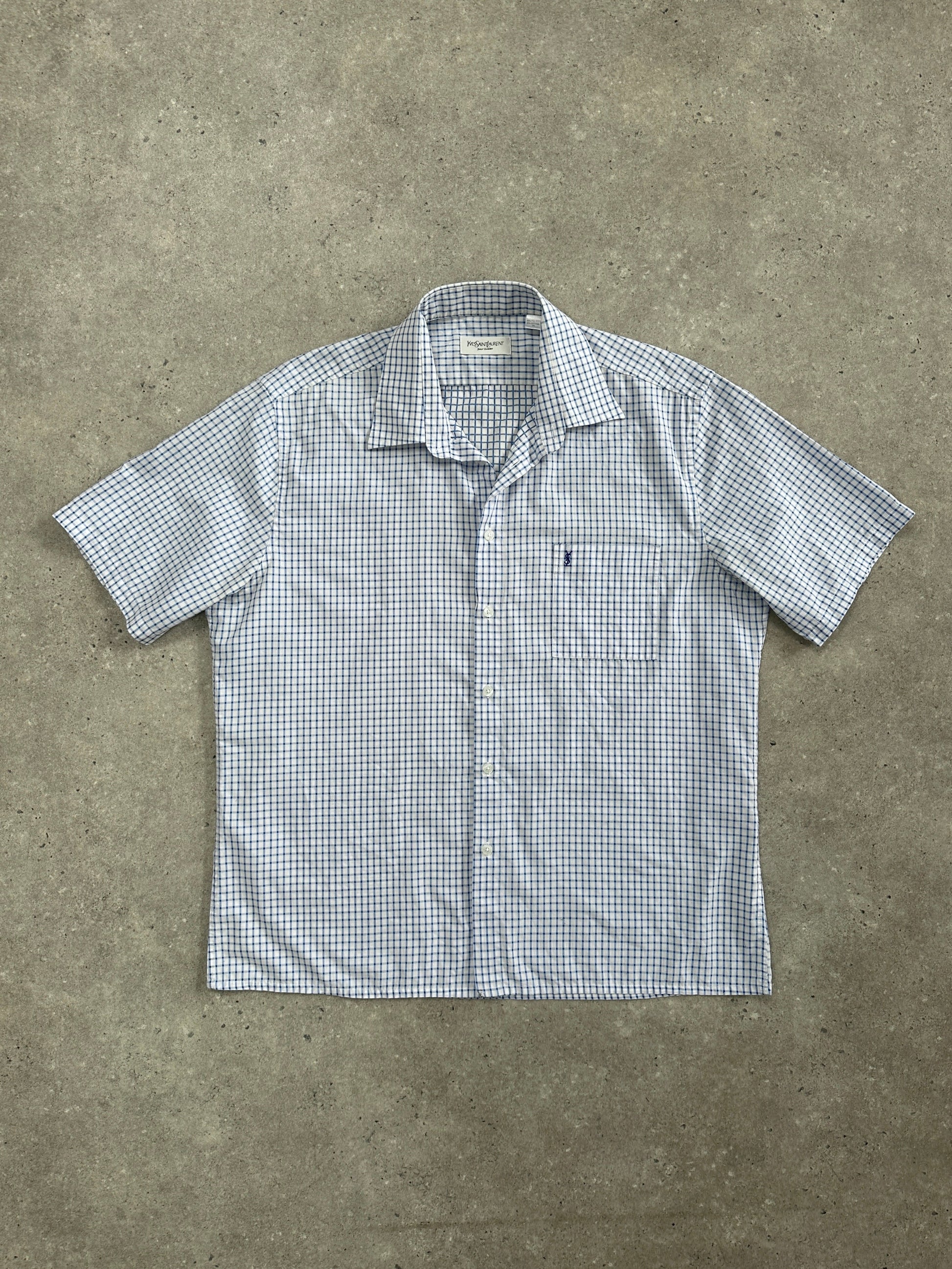 Yves Saint Laurent men's short sleeve logo shirt in cotton check pattern, XL size, 2000s style with classic design.