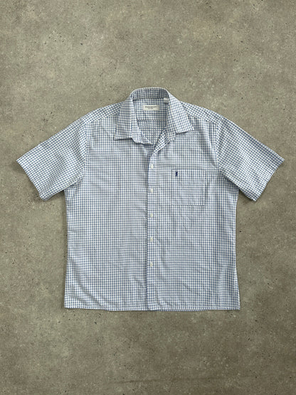 Yves Saint Laurent men's short sleeve logo shirt in cotton check pattern, XL size, 2000s style with classic design.