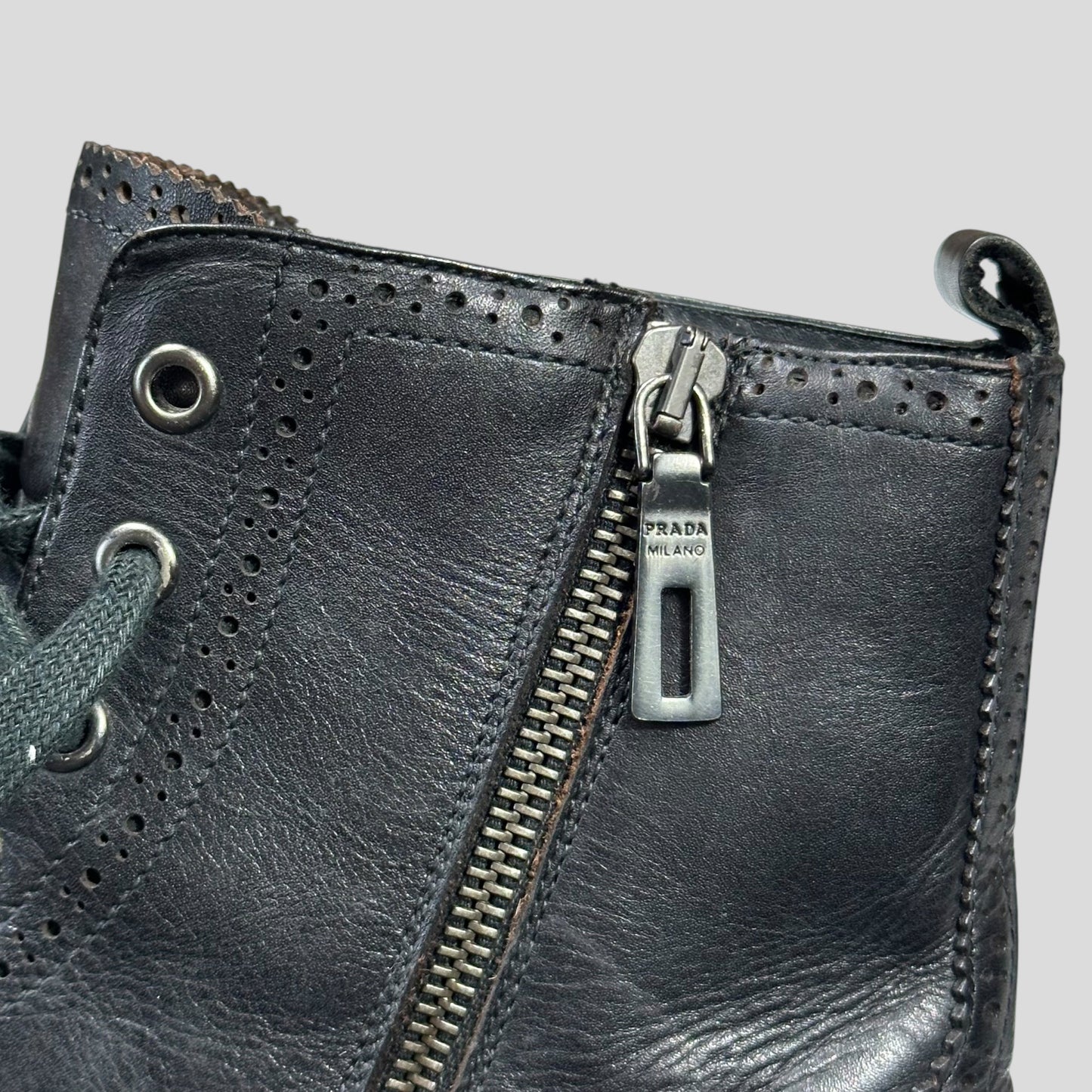 Prada Brogue Detailed Leather Combat Boots - UK7.5/8