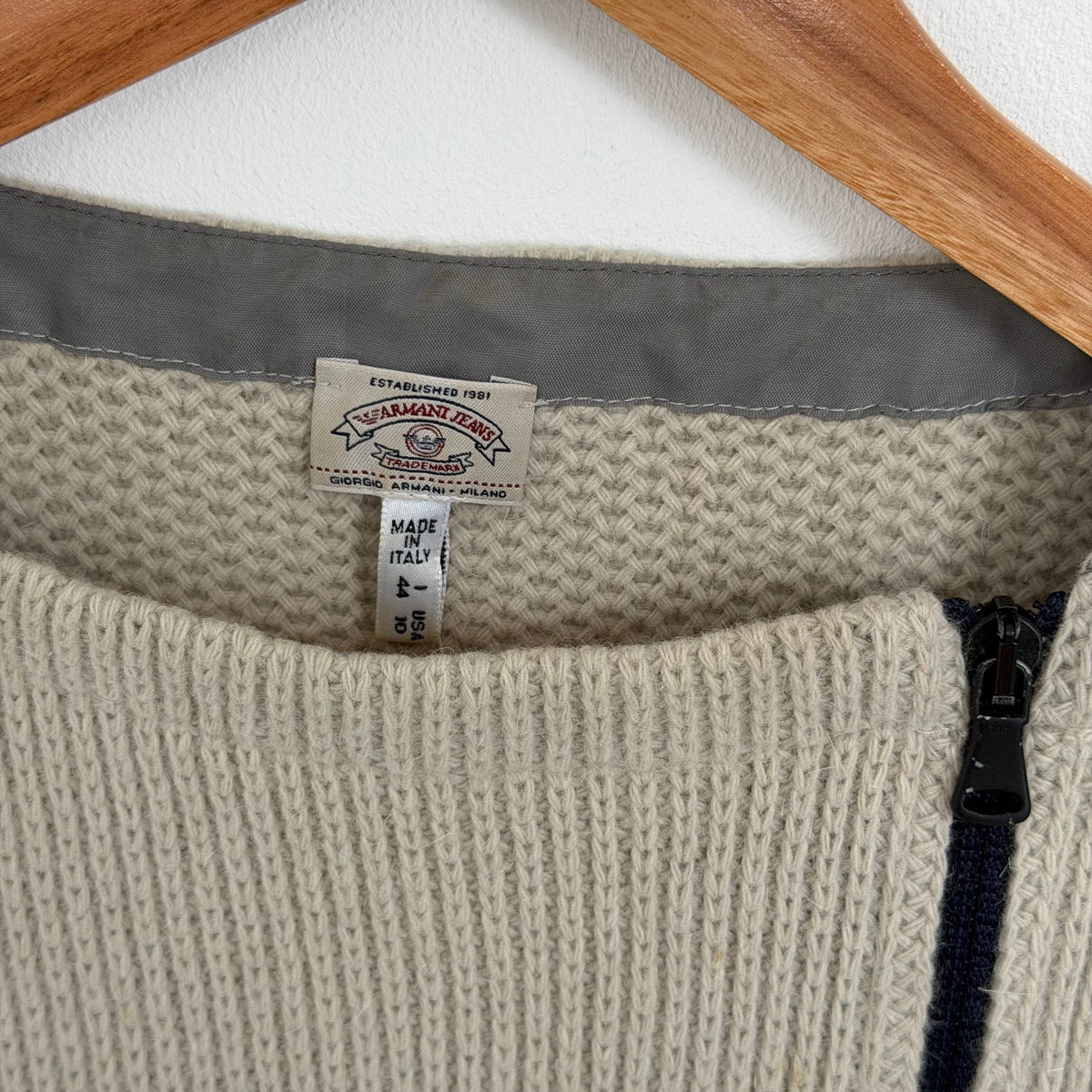 1990s armani jeans off centre zip knit jumper | O/S, Beige
