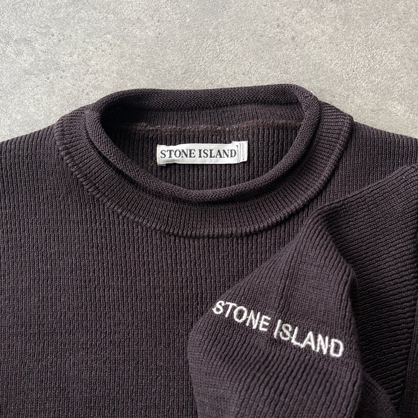 Stone Island RARE A/W 1999 heavyweight spellout knitted jumper (M)