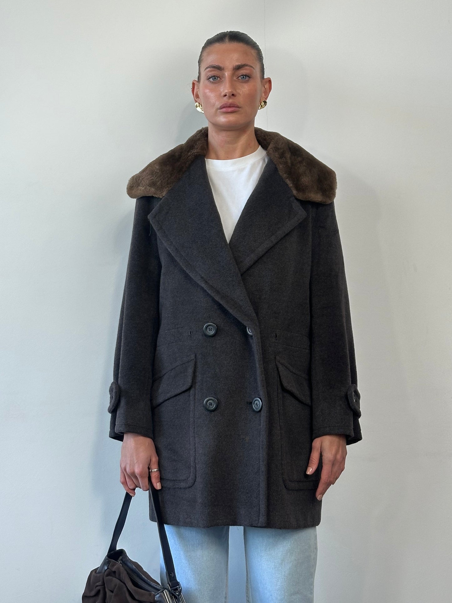 Max Mara Wool Cashmere Fur Collar Double Breasted Coat - M/L