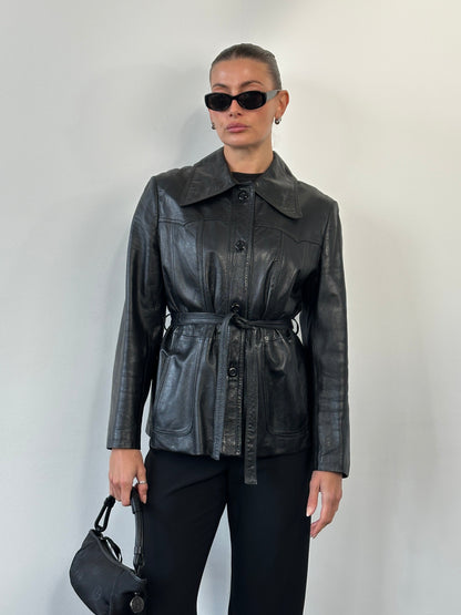 Vintage 1990s Dagger Collar Belted Leather Jacket - M