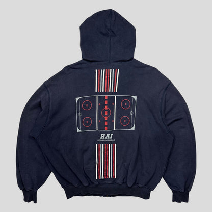 Hai Sporting Gear by Issey Miyake 80’s Ice Hockey Graphic Boxy Hoodie - M/L | Large, Navy