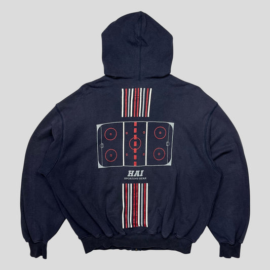 Hai Sporting Gear by Issey Miyake 80’s Ice Hockey Graphic Boxy Hoodie - M/L | Large, Navy
