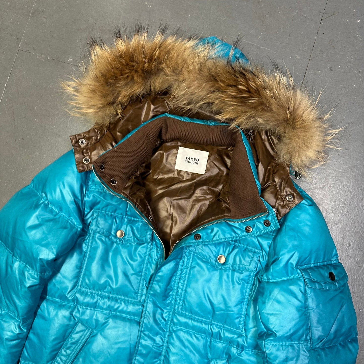 Takeo Kikuchi Puffer Jacket With Fur Hood In Blue ( S )