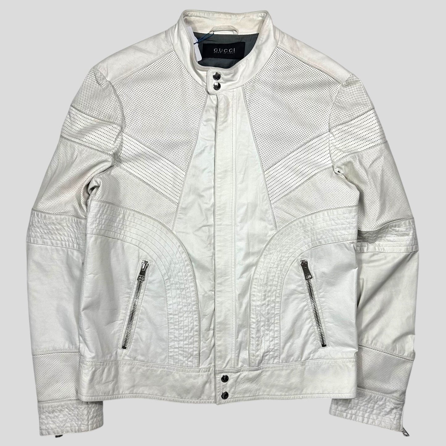 Gucci 2010 Nappa Leather Café Racer Perforated Panelled Biker Jacket - IT54 (L) | Default Title, White