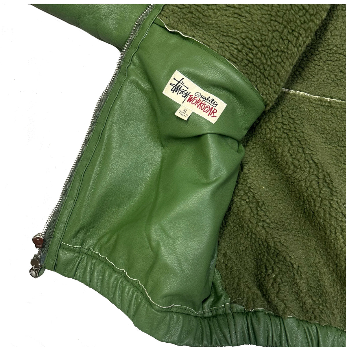 Stüssy Shearling Hooded Work Leather Jacket In Green (XL) | XL, Green
