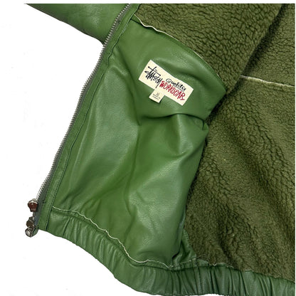 Stüssy Shearling Hooded Work Leather Jacket In Green (XL) | XL, Green