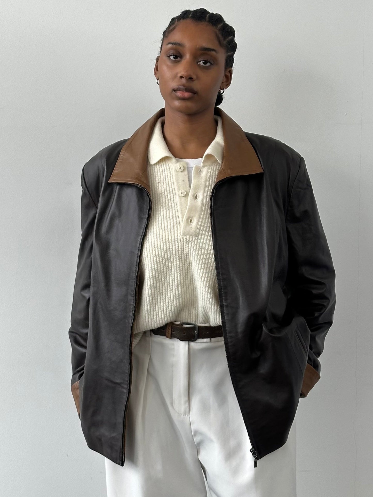 Vintage 1990s High Neck Contrast Leather Jacket - XL