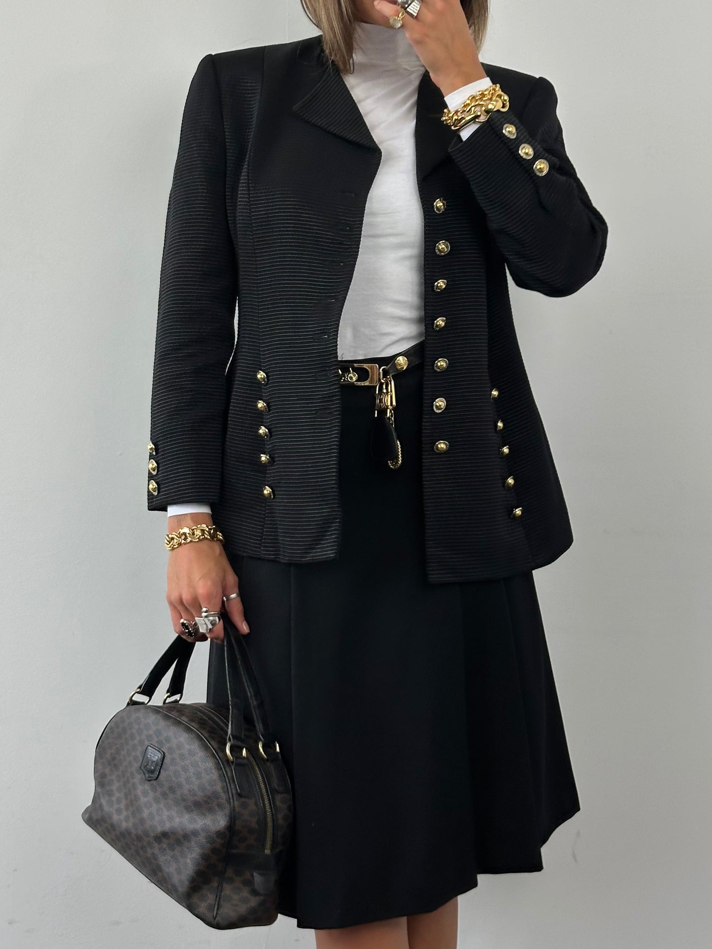 Celine 1980s Pure Wool Logo Hardware Pleated Skirt - W24