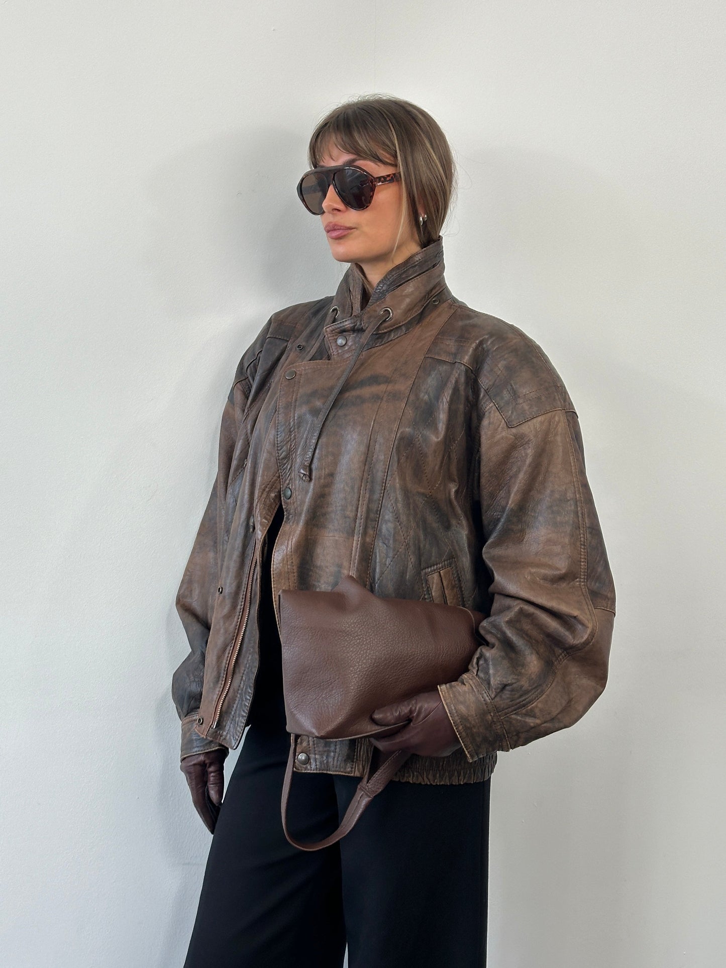 Vintage 1990s High Neck Aged Leather Bomber Jacket - XL