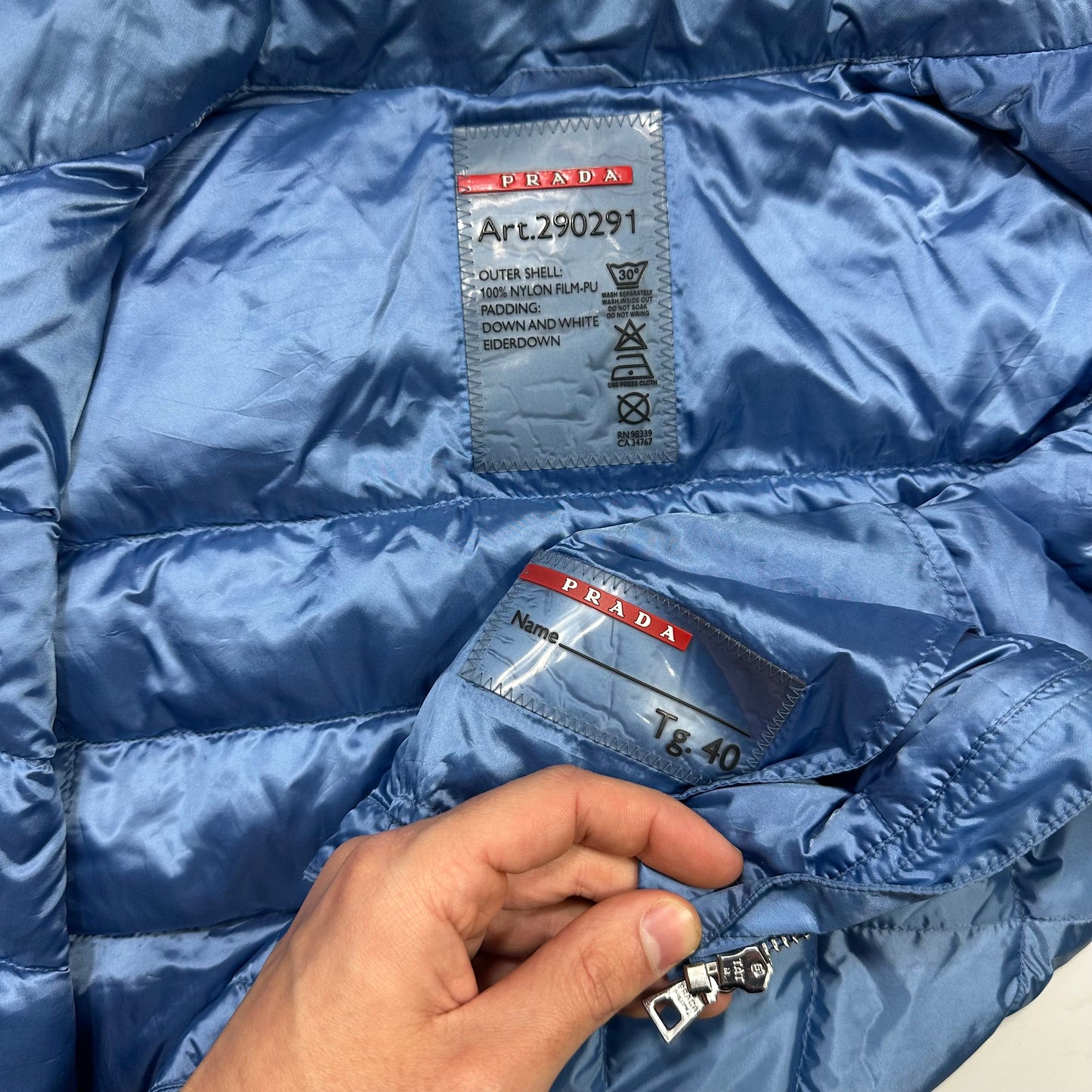 Prada Milano 2011 Satin Blue Nylon Down Logo Gilet