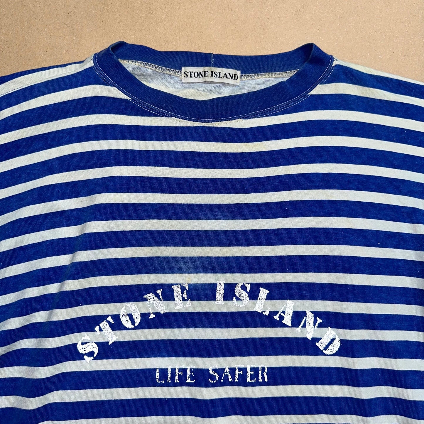 S/S 1992 Cobalt Blue Life Safer Striped Reflective Spell Out T-shirt