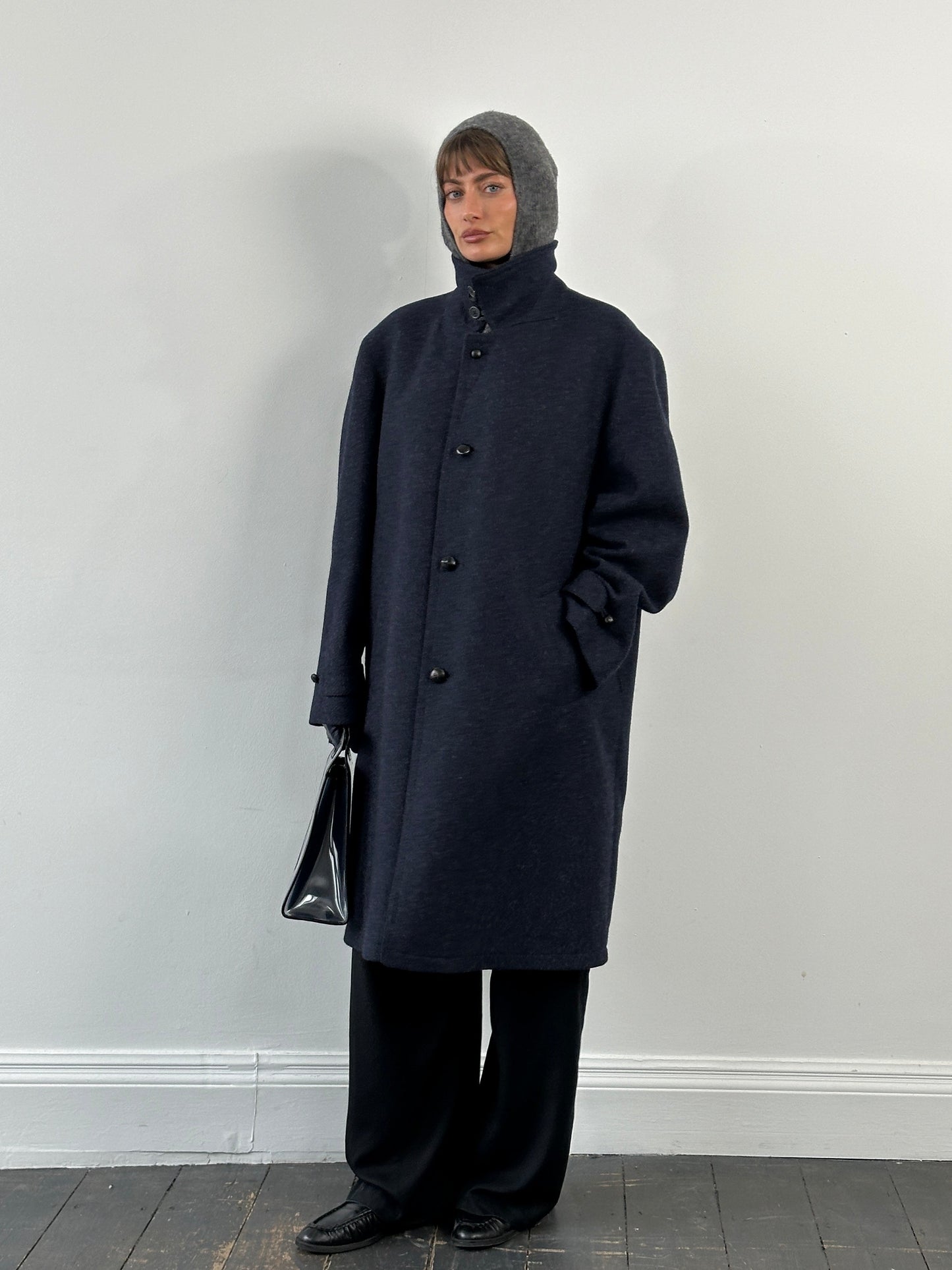 Vintage 1990s Pure Wool High Neck Single Breasted Coat - XL/XXL