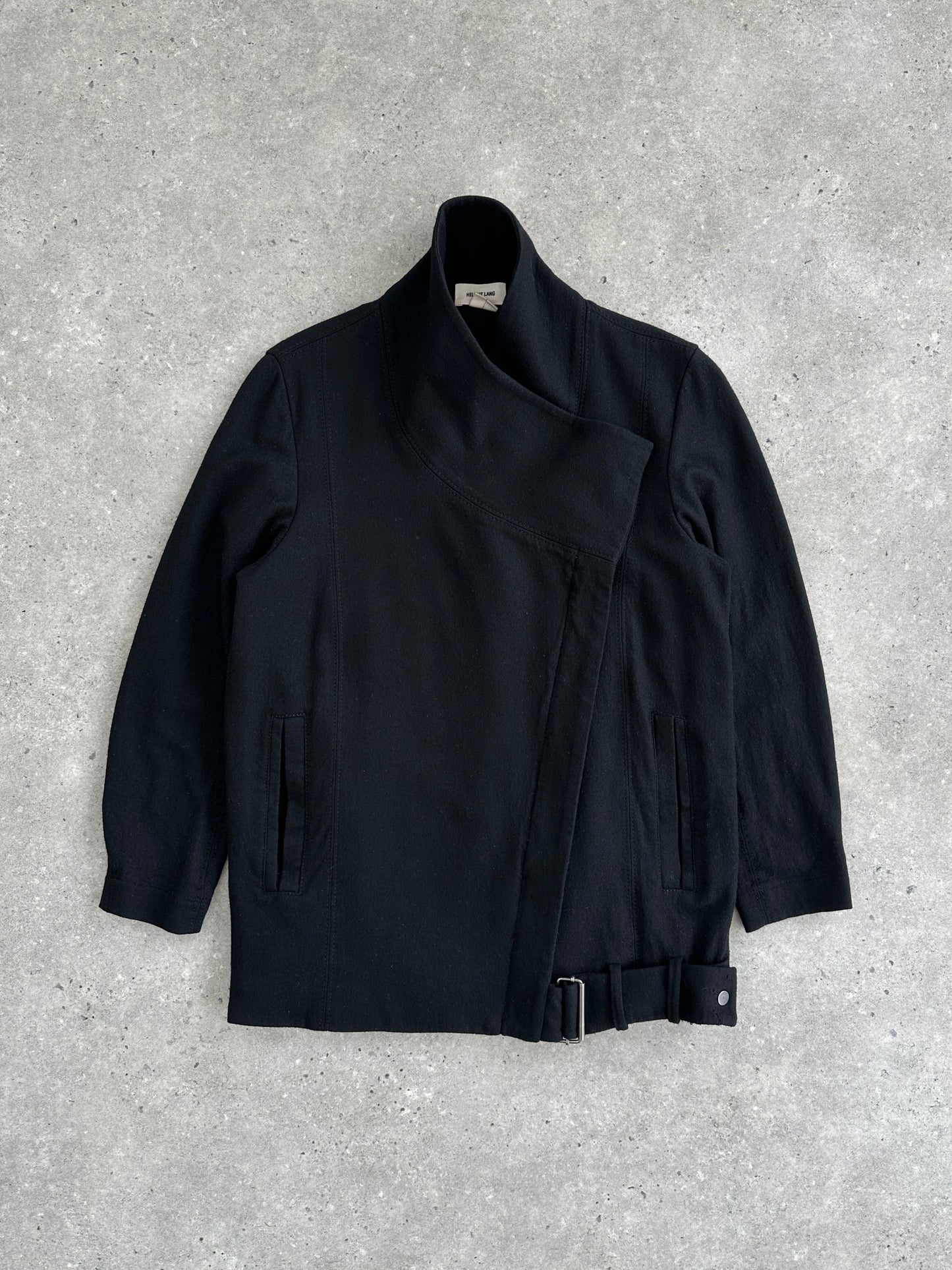 Helmut Lang Asymmetric High Neck Wool Belted Jacket - S