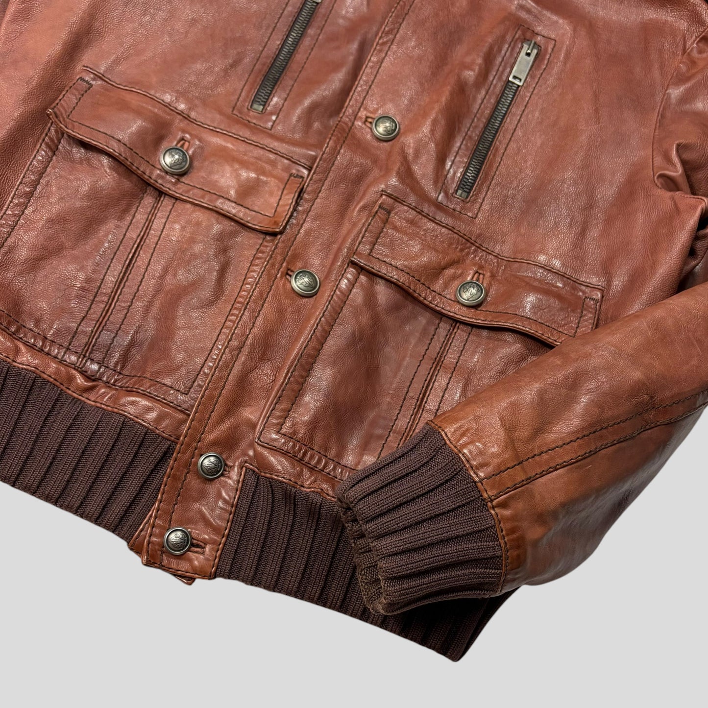 Gucci 2006 Madonna Cognac Leather Crest Button Bomber Jacket - L | Default Title, Brown