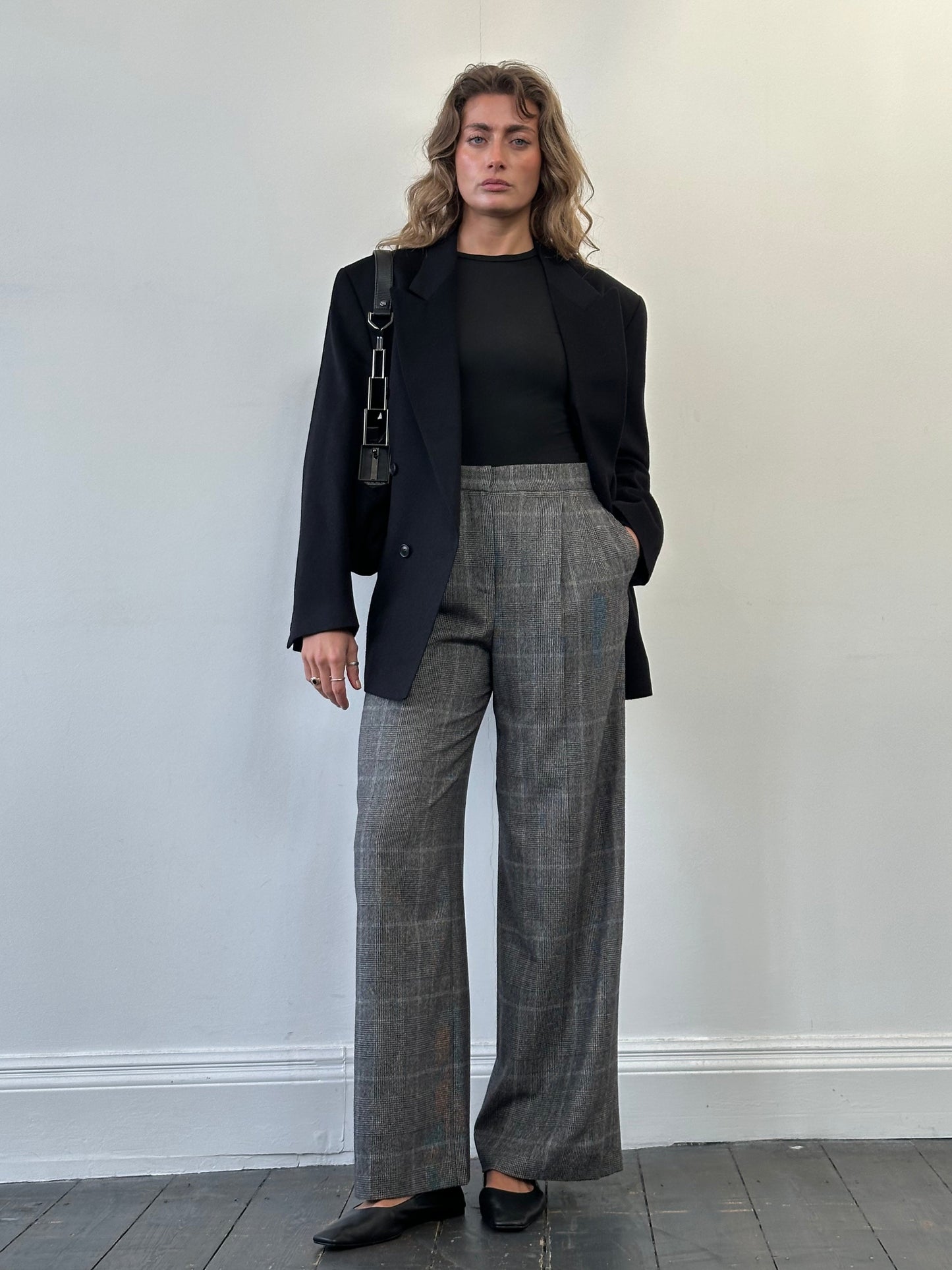 Max Mara 2000s Brushed Wool High Waisted Wide Leg Check Trousers - W28