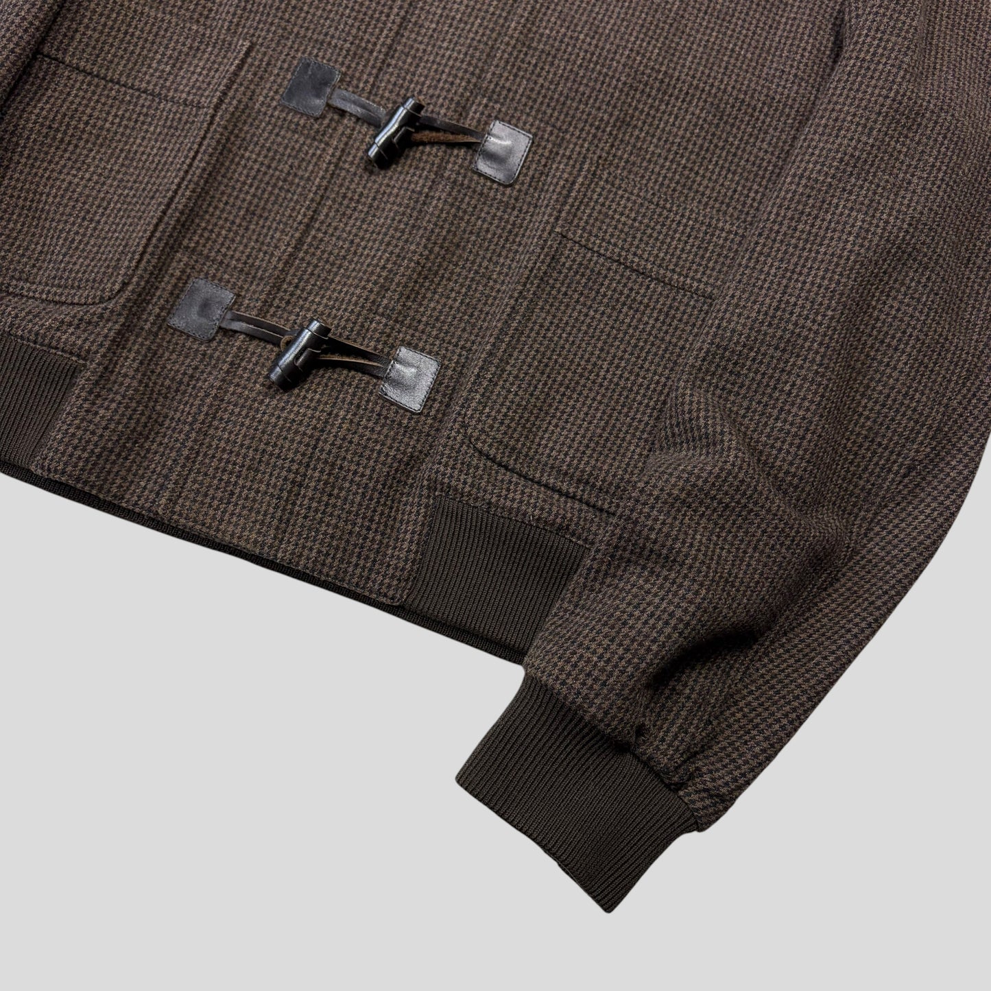 Miu Miu 00’s Herringbone Wool Cropped Duffle Toggle Jacket - IT52 | O/S, Charcoal Brown