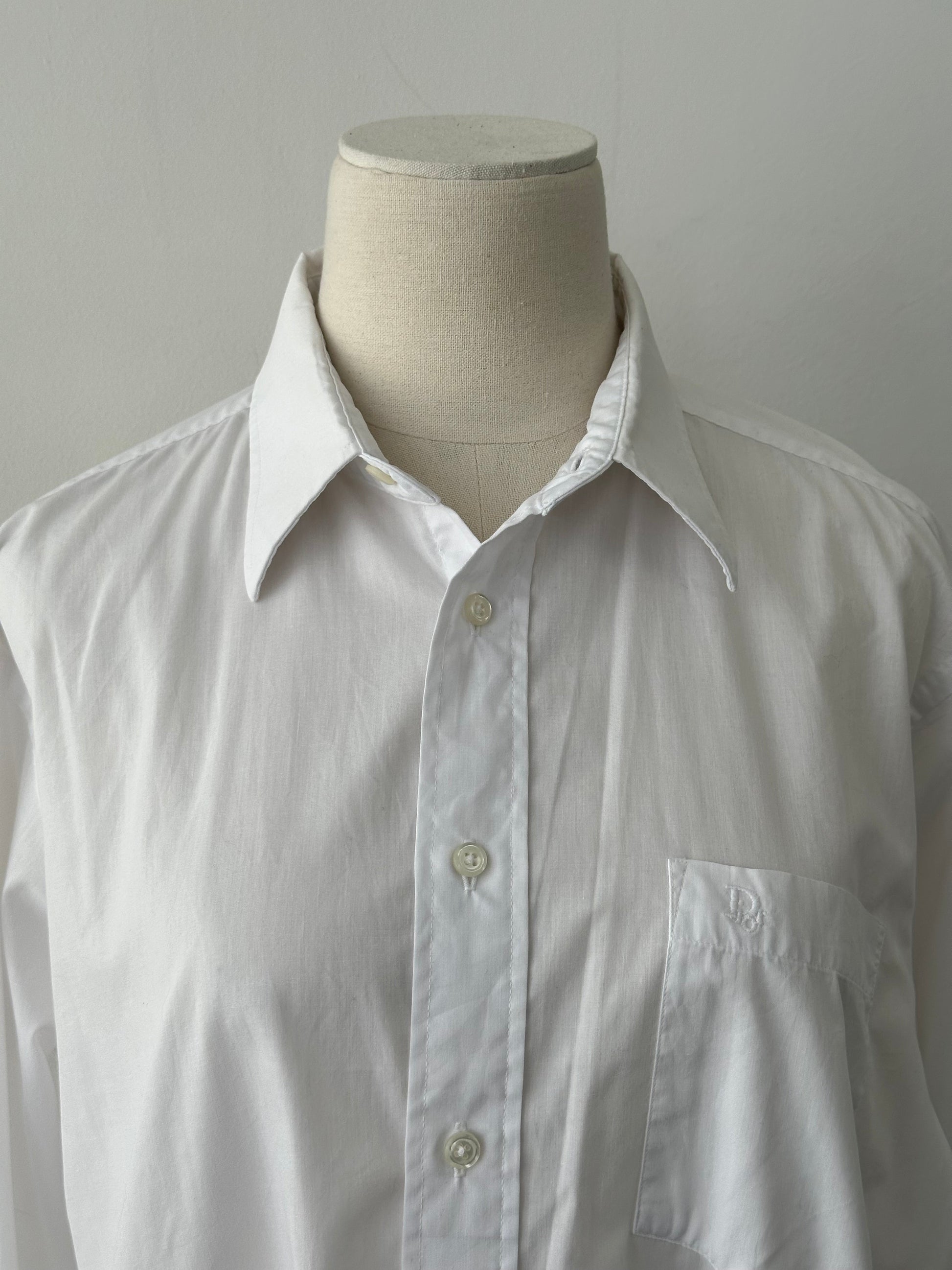 Christian Dior 1990s cotton logo shirt, men's size M, white shirt with Dior branding and classic design, close-up of fabric and logo