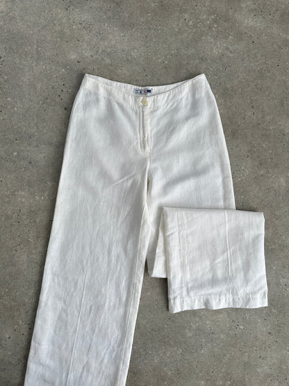 Vintage pure linen low waist wide-leg trousers in natural fabric, featuring a relaxed fit and classic style.
