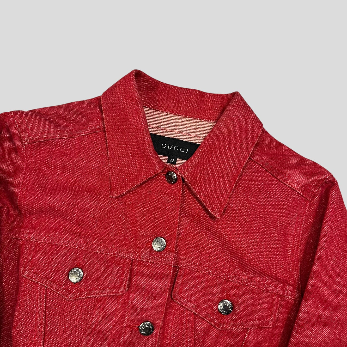 Gucci by Tom Ford 1999 Red Denim Cropped Front Drop Jacket - IT42 | Default Title, Red