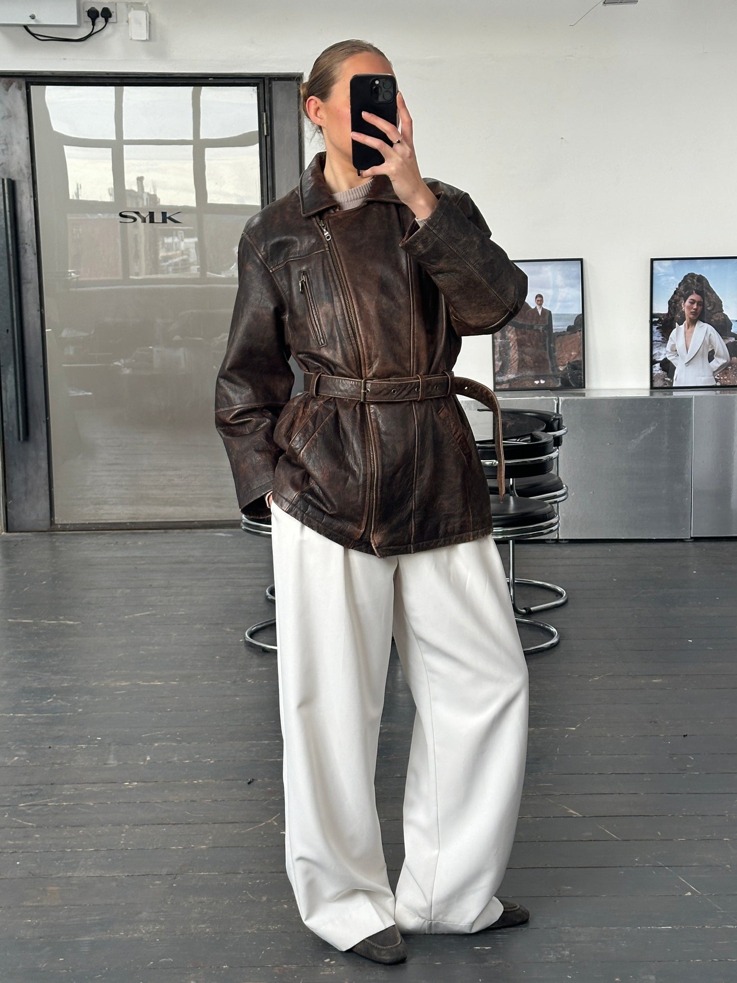 Vintage 1980s Aged Belted Leather Jacket - L