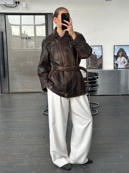 Vintage 1980s Aged Belted Leather Jacket - L