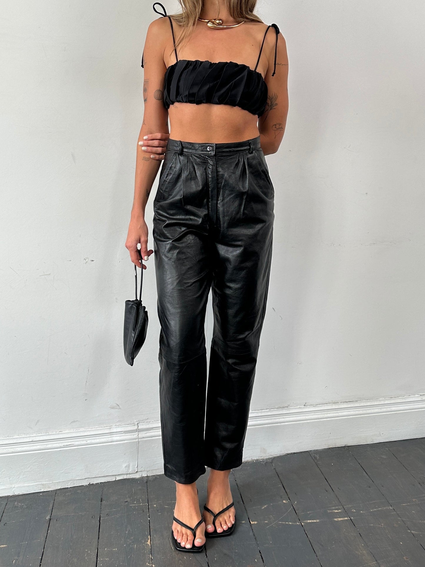 Italian Vintage High Waisted Tapered Leg Leather Trousers - W26