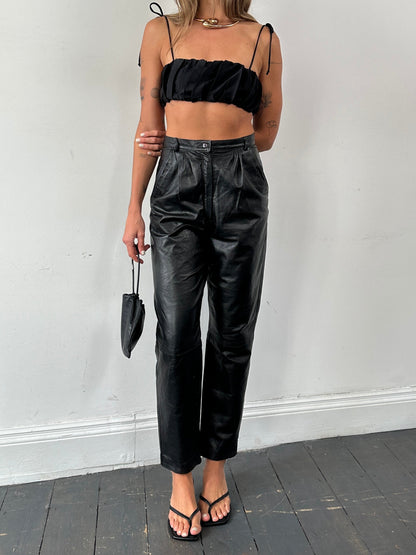 Italian Vintage High Waisted Tapered Leg Leather Trousers - W26