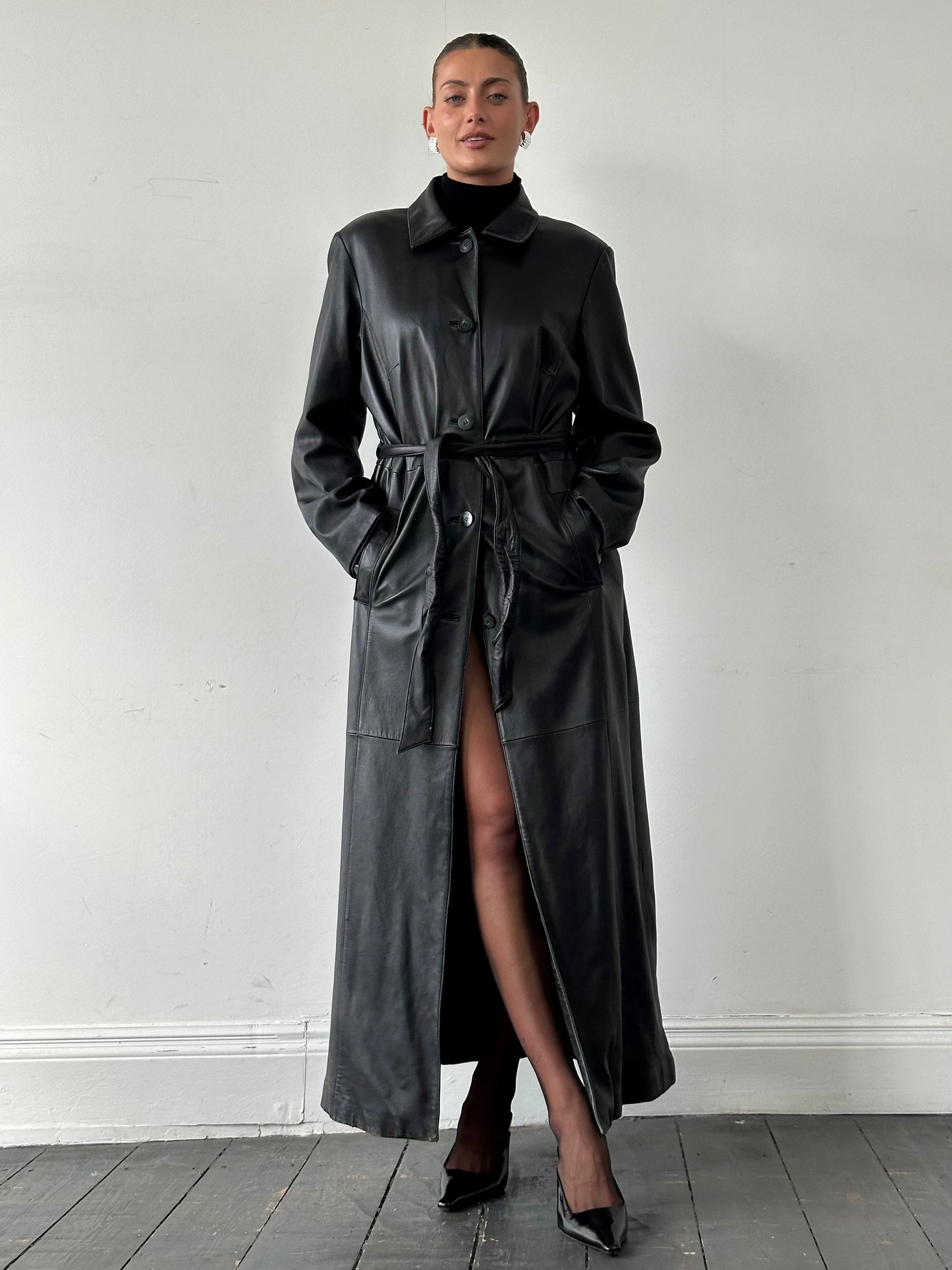 Vintage Floor Length Belted Leather Trench Coat - XL